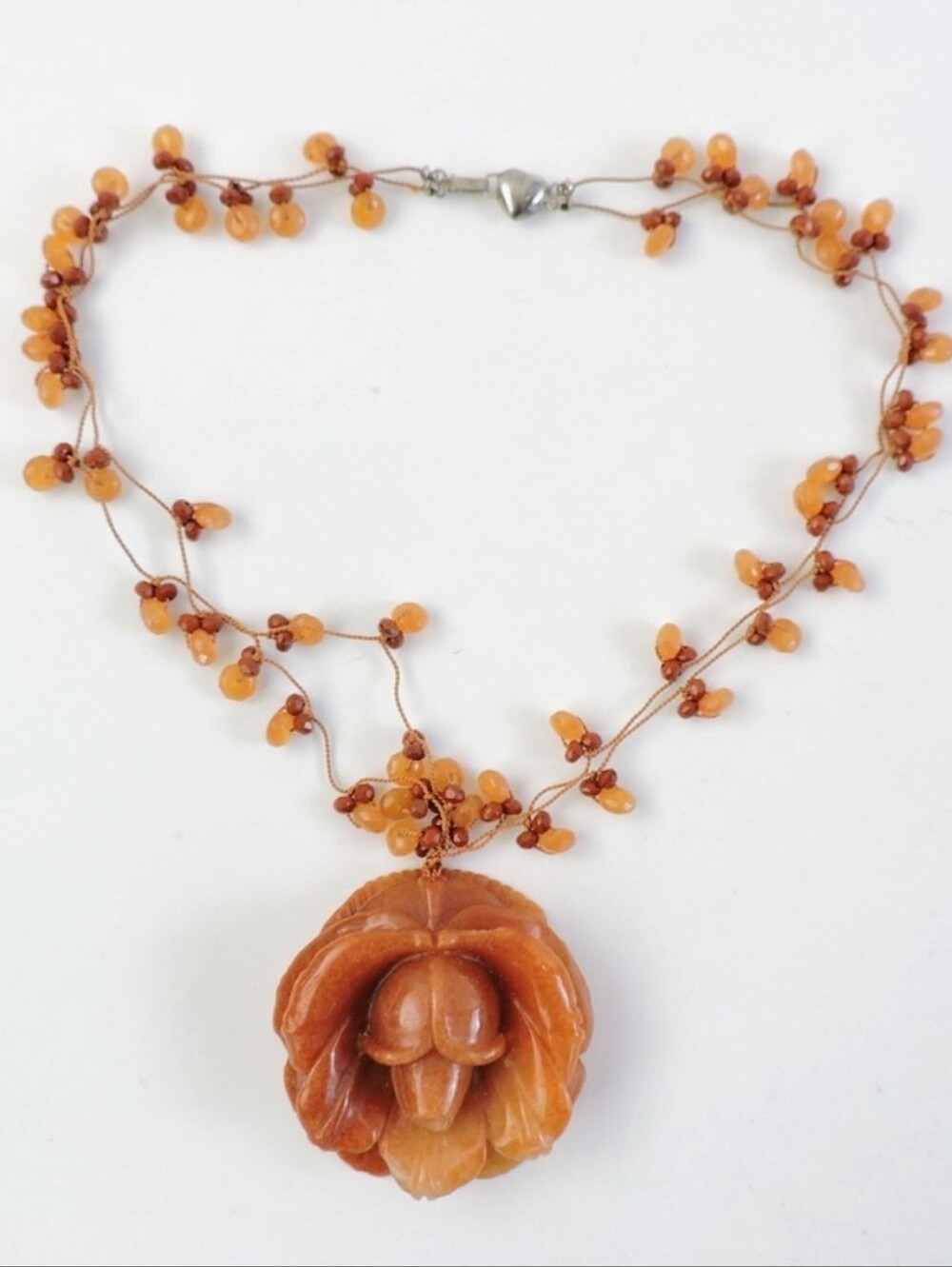 VintagHandcrafted Carved Flower Pendant Necklace in Amber Orange - Women Jewelry